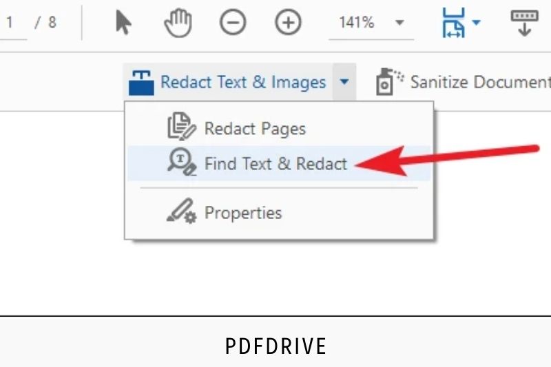 2. Click on the drop-down menu to find Text and Redact.