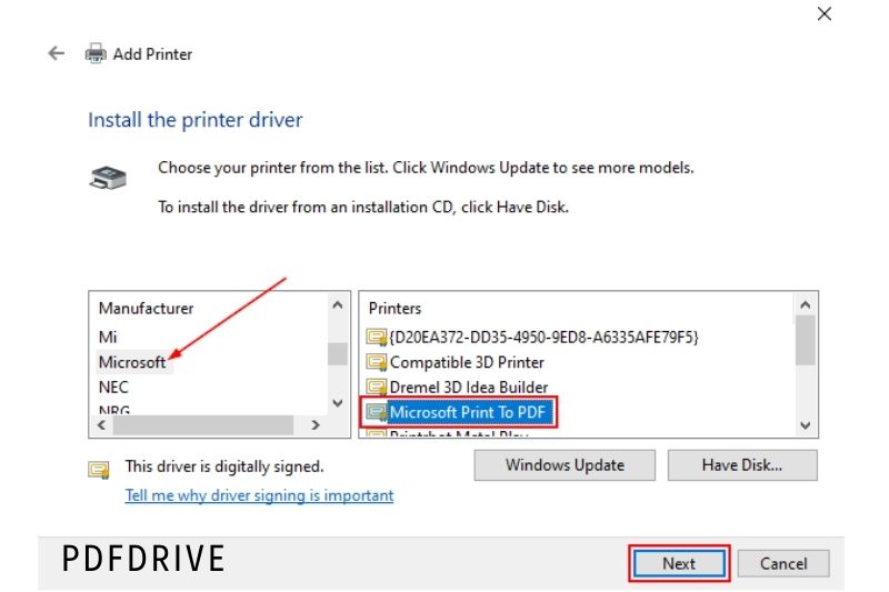 Select Printer in the next dialog and choose Microsoft Print To PDF.