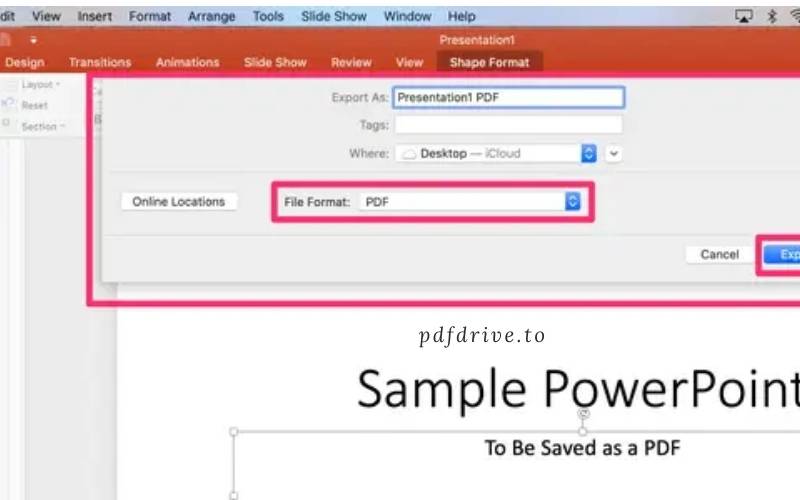 change the file format to pdf. Click Export